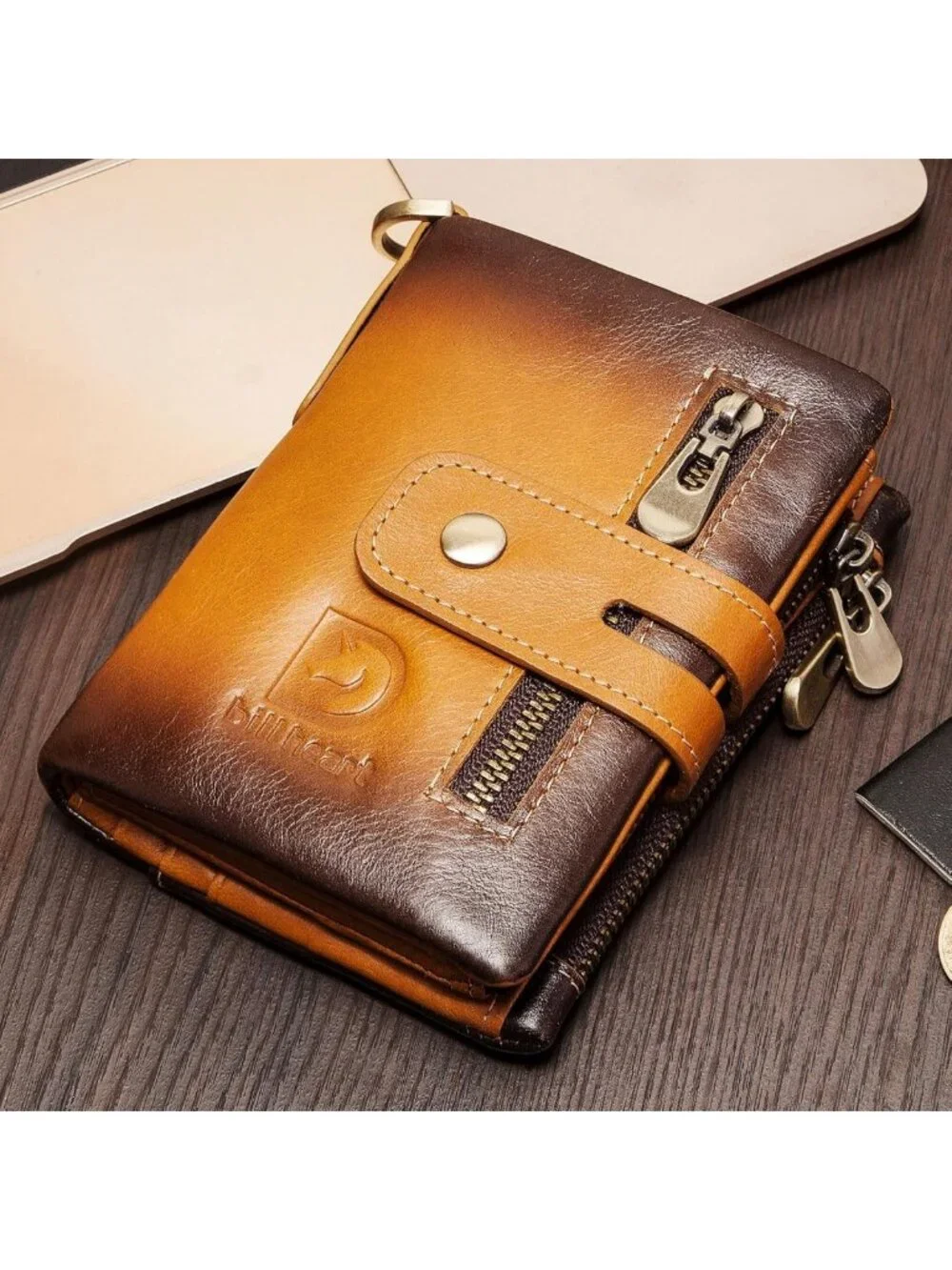Genuine Leather Biker Wallet with Chain, RFID Blocking Anti-Theft Bifold Design